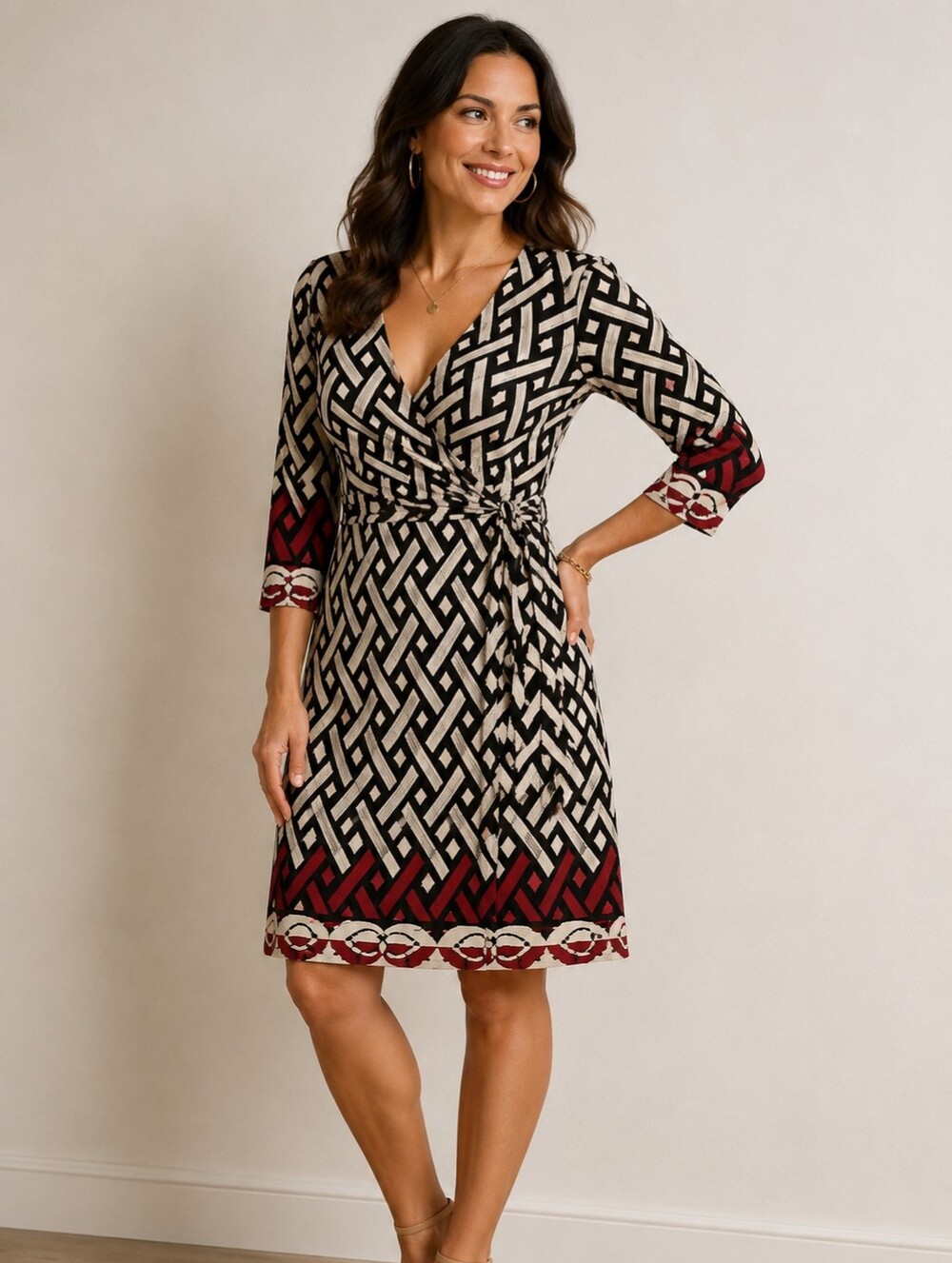 White House Black Market Faux Wrap Dress Geometric Lattice Print Red Black 10